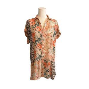 Umgee Women's Medium Relaxed Pink Cottage Tunic Sheer Flowy Floral Leopard Top